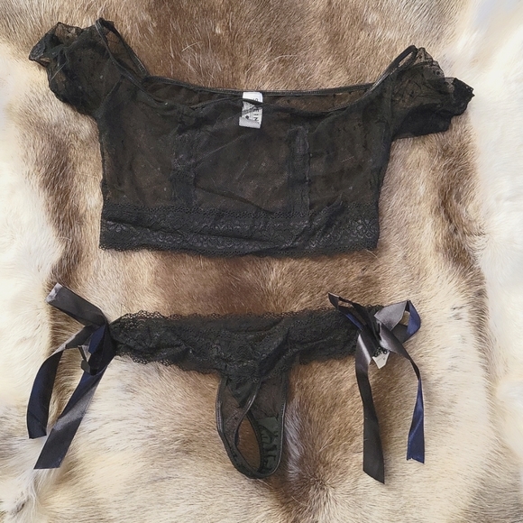 ONE LEFT! Lace Lingerie Transparent Tube Crop Top Bra Set w Bottom Side Bows - Picture 2 of 4